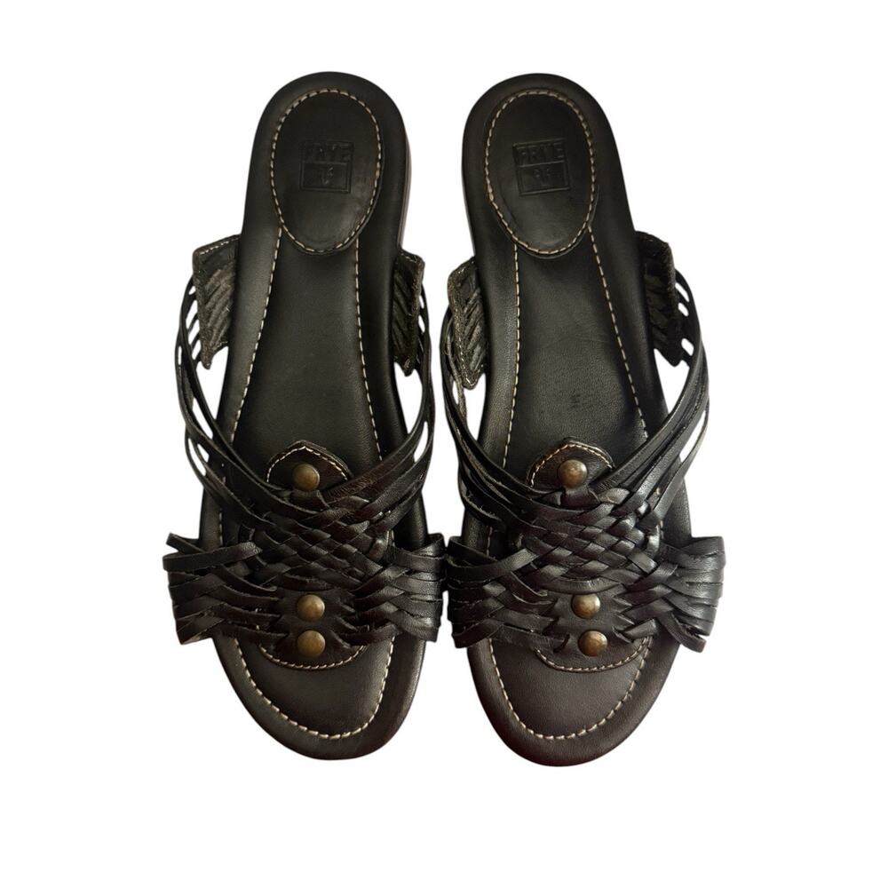 Frye Sandals Jacey Women’s Black Woven Leather Slides Flat Stud Detail 7.5 M